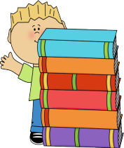 boy waving behind stack of books